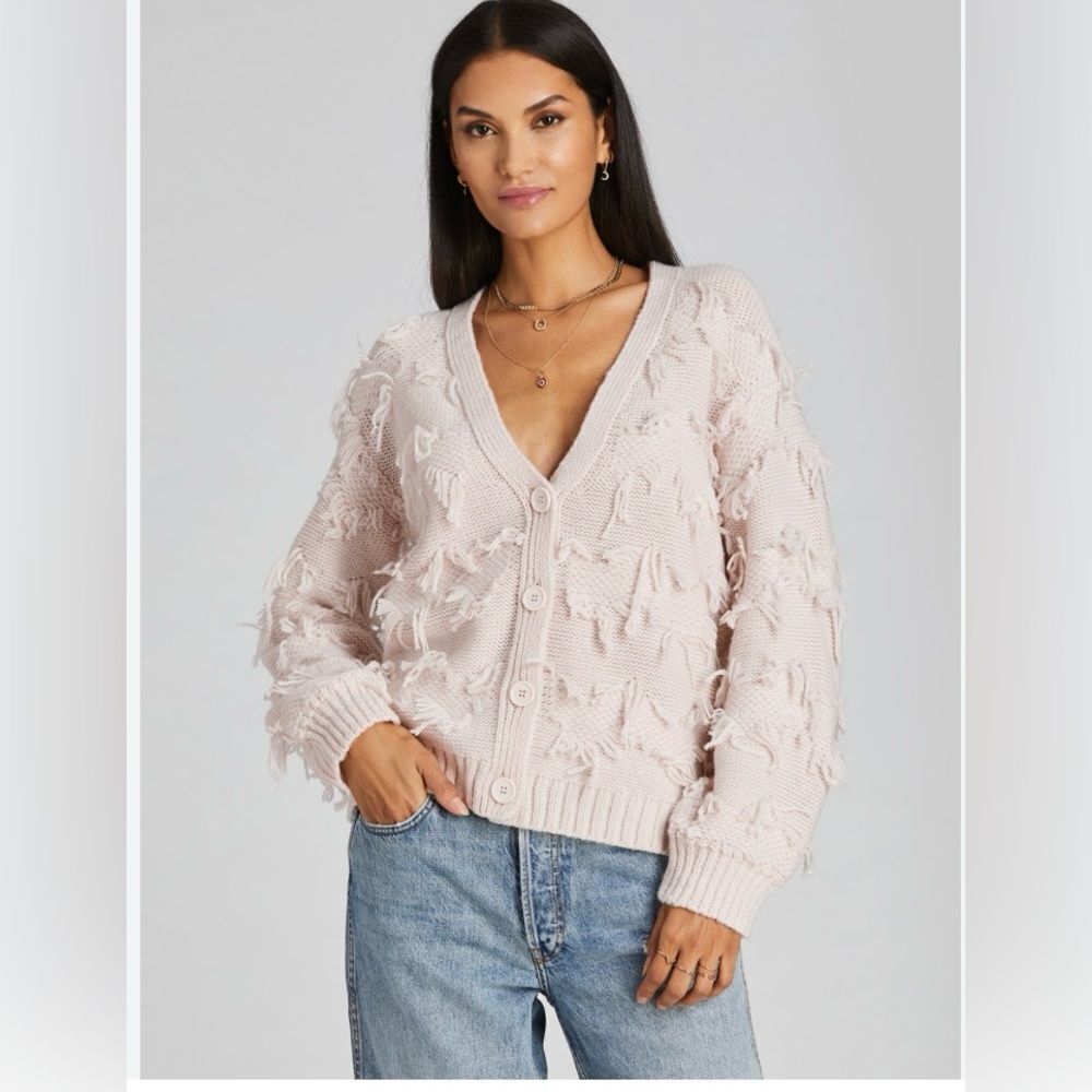 525 Fringe Cardigan Sweater In Bare Size Large Ivory Off White V- Neck B…